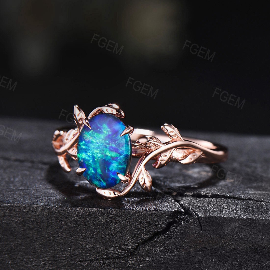 Sterling Silver Blue Opal Ring Fire Opal Jewelry 1.5ct Oval Cut Dainty Leaf Opal Engagement Ring Twig Nature Inspired Blue Opal Promise Ring