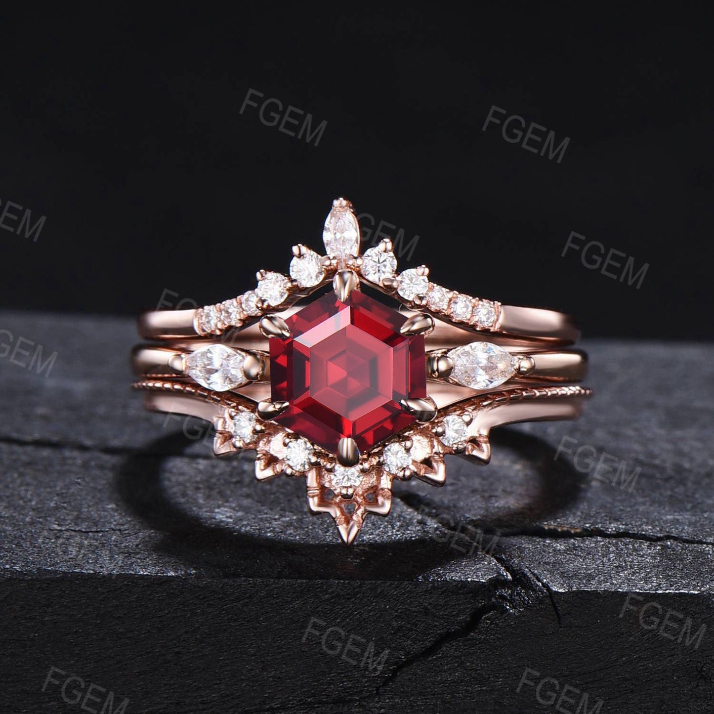 July Birthstone Wedding Ring Set 3pcs Hexagon Cut Red Ruby Gemstone Jewelry 1ct Sterling Silver Ruby Bridal Set Anniversary Gift For Women