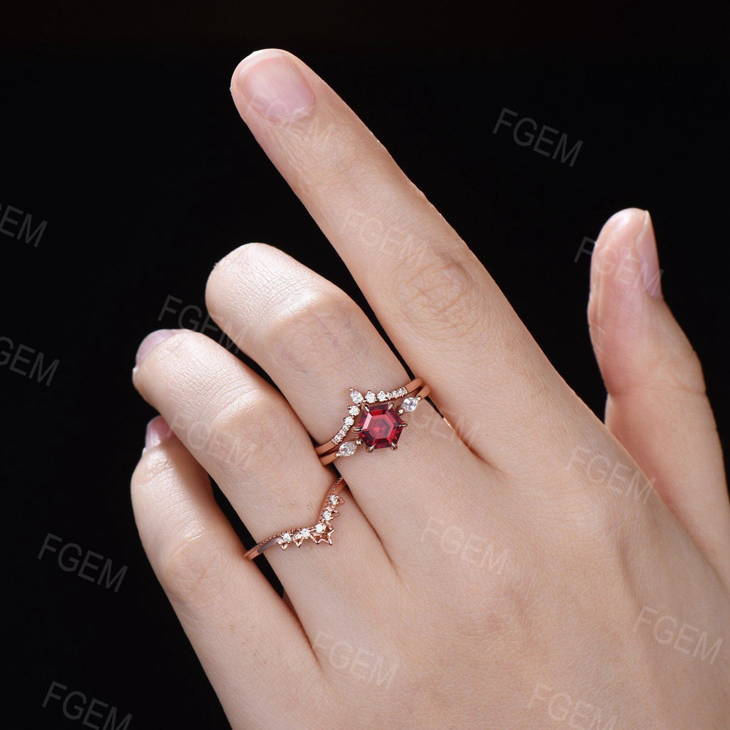 July Birthstone Wedding Ring Set 3pcs Hexagon Cut Red Ruby Gemstone Jewelry 1ct Sterling Silver Ruby Bridal Set Anniversary Gift For Women