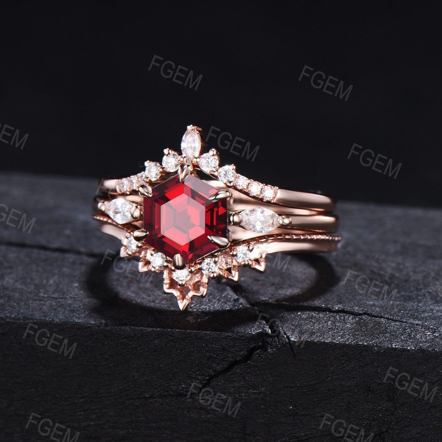 July Birthstone Wedding Ring Set 3pcs Hexagon Cut Red Ruby Gemstone Jewelry 1ct Sterling Silver Ruby Bridal Set Anniversary Gift For Women