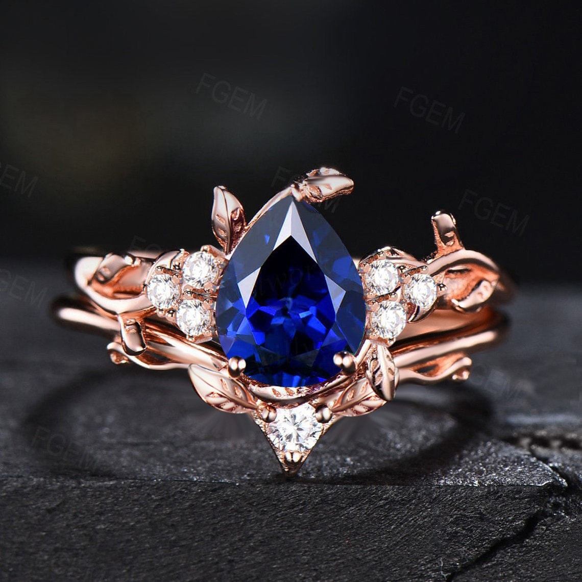Nature Inspired Blue Sapphire Engagement Ring Vintage 1.25ct Pear Shaped Blue Sapphire Ring Twig Leaf Bridal Set September Birthstone Gifts