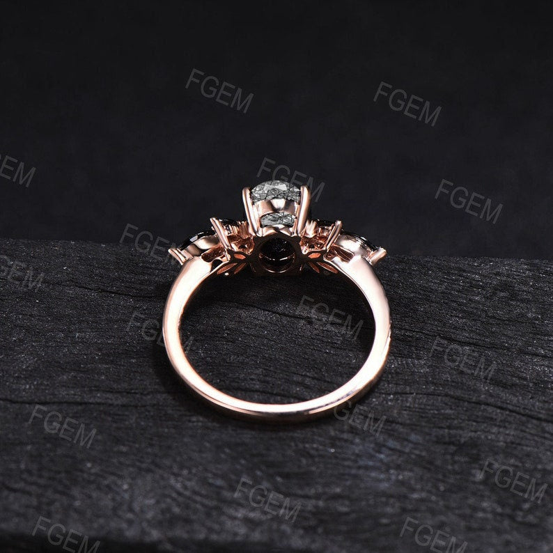 1.5ct Oval Natural Black Rutilated Quartz Cluster Engagement Ring Black Gemstone Ring Unique Sterling Silver Handmade Proposal Gifts Women