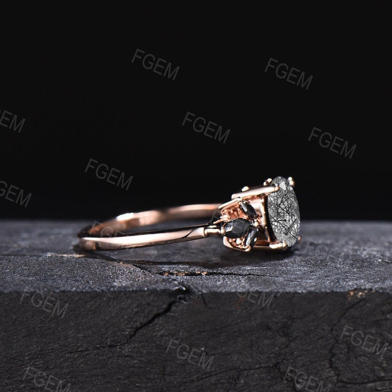 1.5ct Oval Natural Black Rutilated Quartz Cluster Engagement Ring Black Gemstone Ring Unique Sterling Silver Handmade Proposal Gifts Women