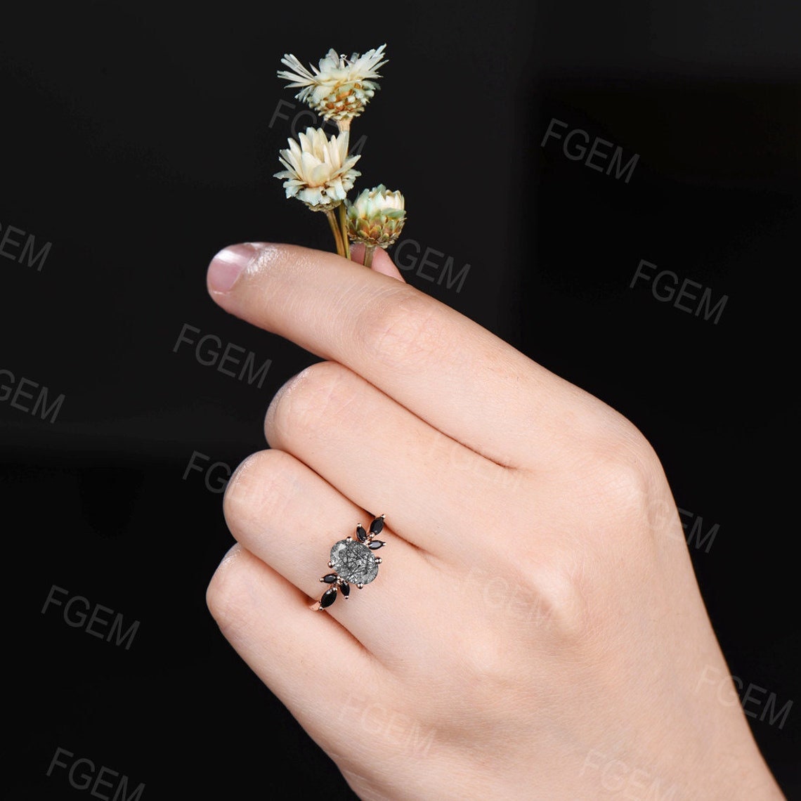 1.5ct Oval Natural Black Rutilated Quartz Cluster Engagement Ring Black Gemstone Ring Unique Sterling Silver Handmade Proposal Gifts Women