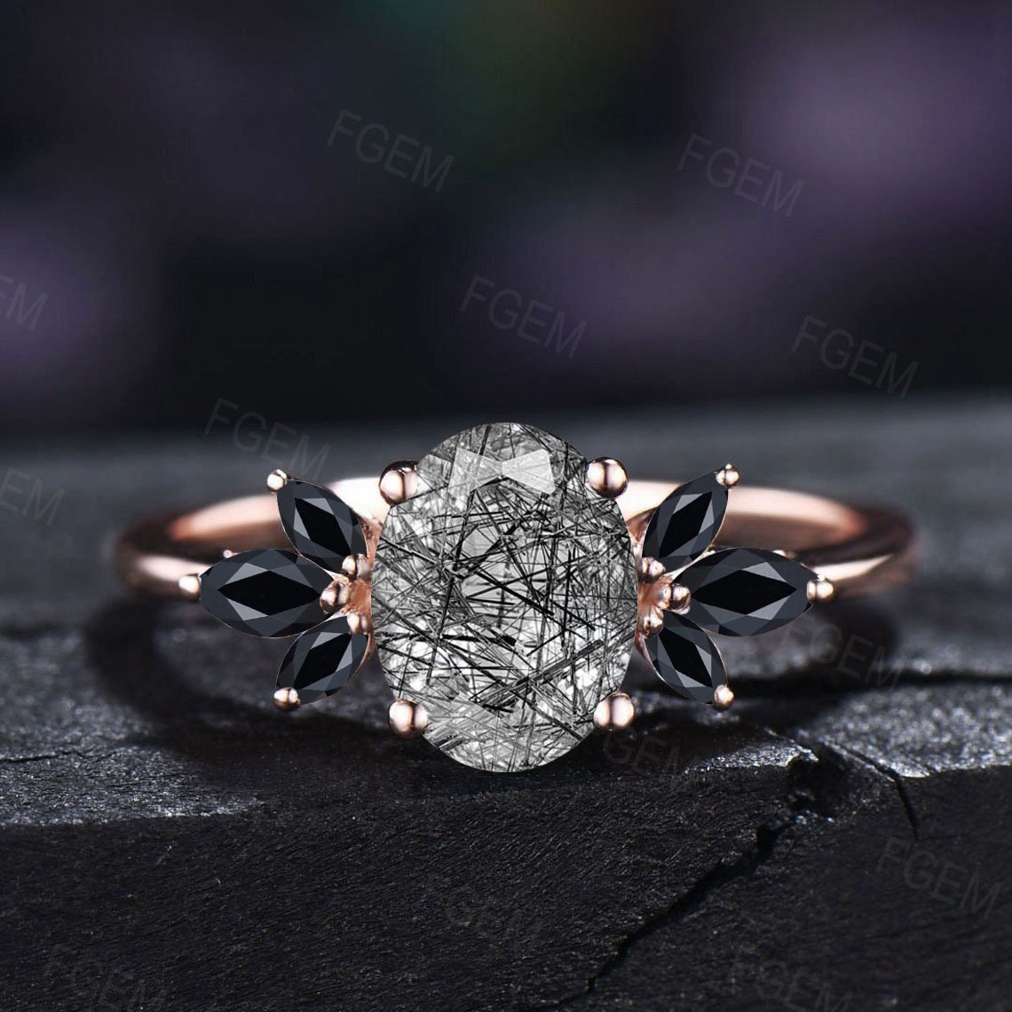 1.5ct Oval Natural Black Rutilated Quartz Cluster Engagement Ring Black Gemstone Ring Unique Sterling Silver Handmade Proposal Gifts Women