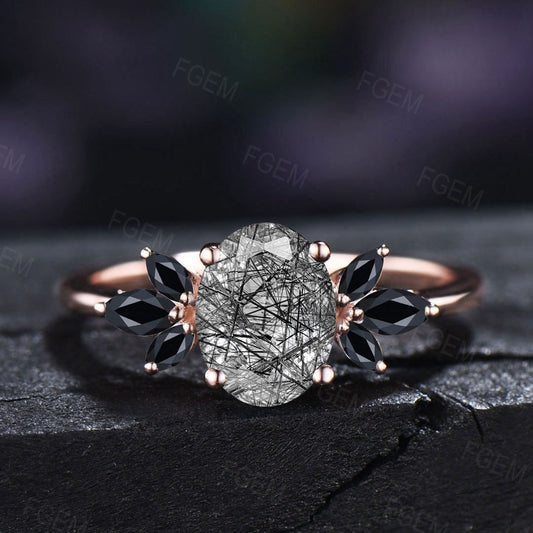 1.5ct Oval Natural Black Rutilated Quartz Cluster Engagement Ring Black Gemstone Ring Unique Sterling Silver Handmade Proposal Gifts Women