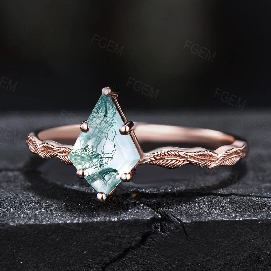 Natural Kite Moss Agate Ring 10K Rose Gold Kite Shaped Nature Inspired Leaf Band Moss Agate Solitaire Ring Unique Anniversary Promise Rings