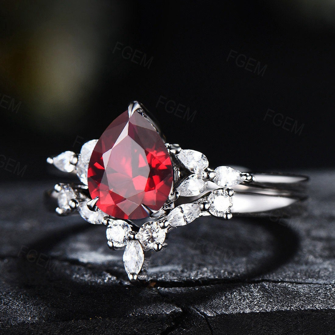 Sterling Silver Red Ring Set 1.25ct Pear Shaped Ruby Engagement Ring Set Anniversary/Birthday /Wedding Gift Women July Birthstone Jewelry