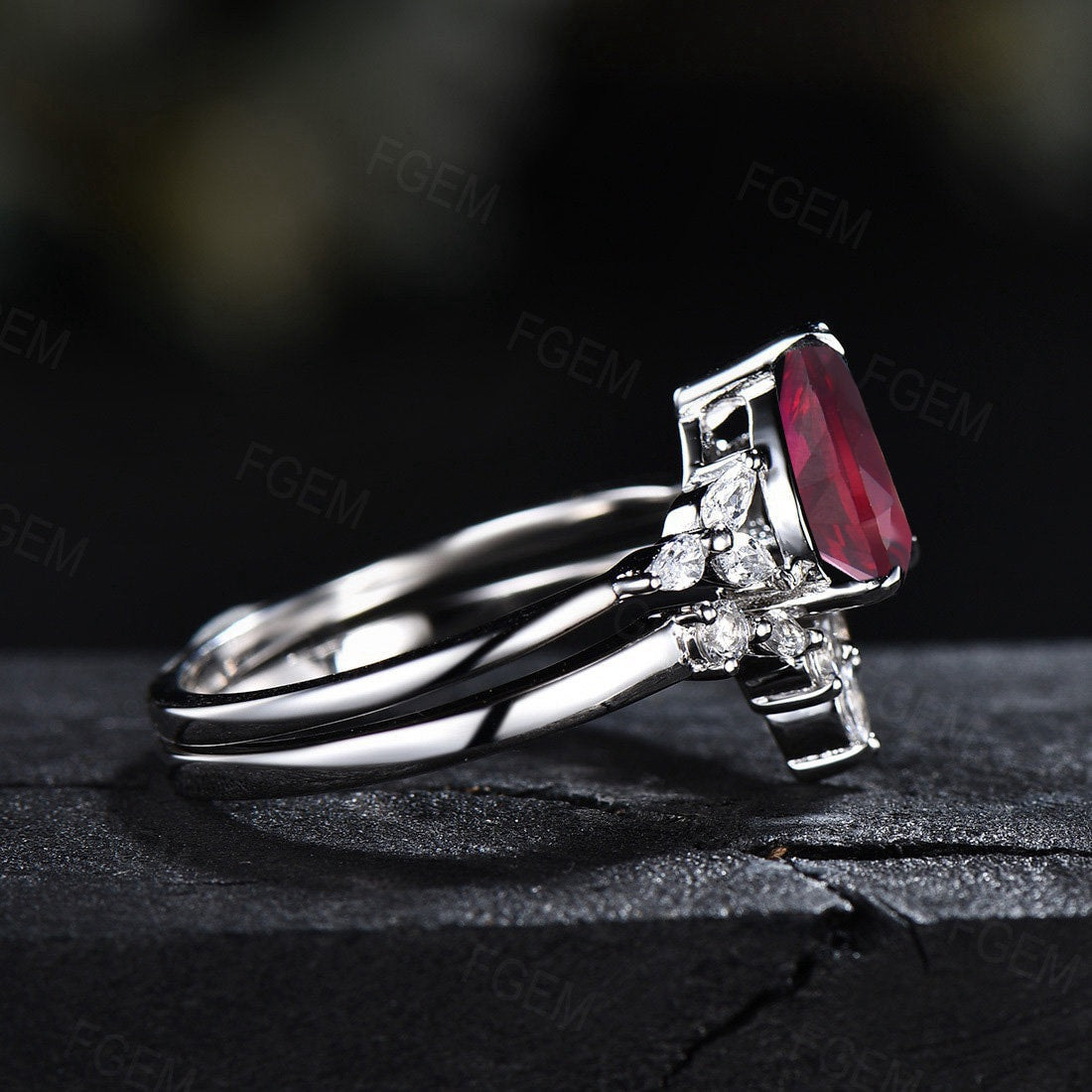 Sterling Silver Red Ring Set 1.25ct Pear Shaped Ruby Engagement Ring Set Anniversary/Birthday /Wedding Gift Women July Birthstone Jewelry