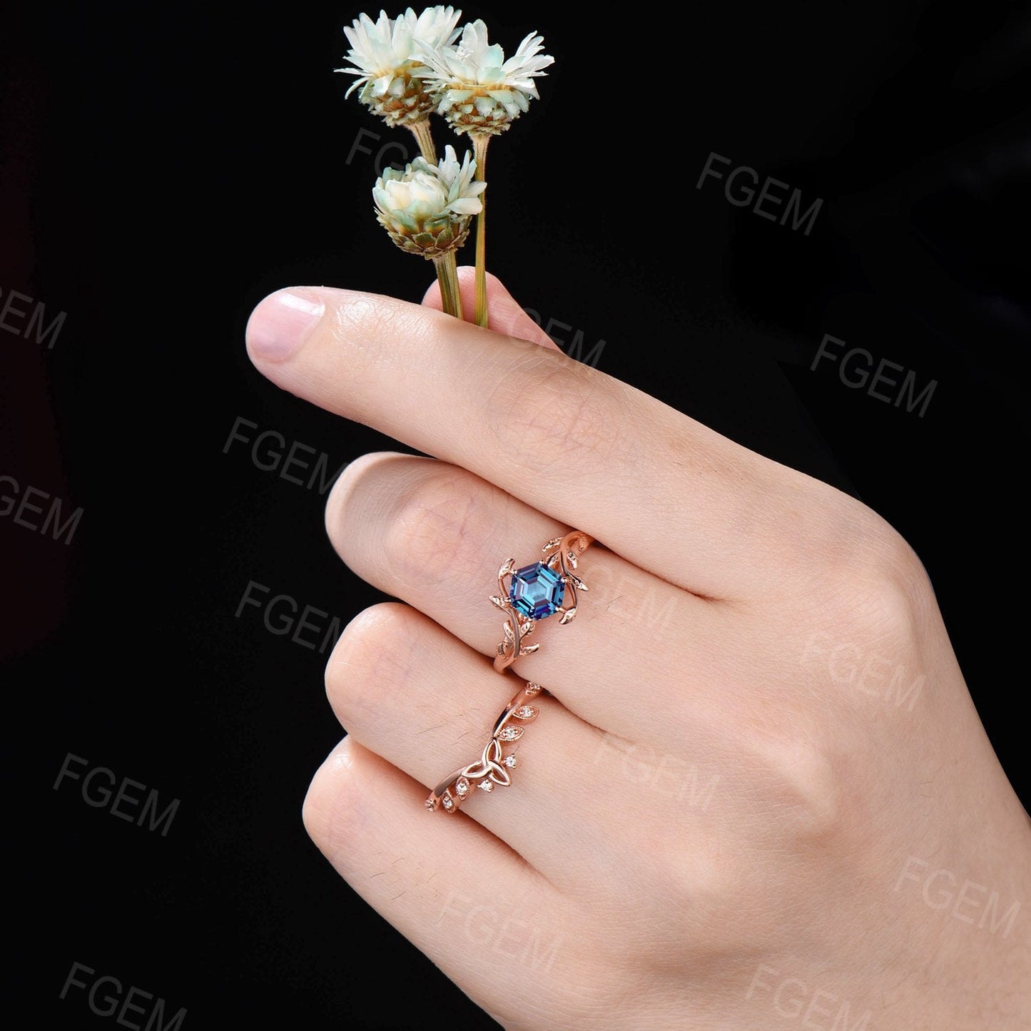 Nature Inspired Alexandrite Solitaire Ring Set 1ct Hexagon Color-Change Alexandrite Engagement Rings Leaf Vine Celtic Knot Bridal Ring Set