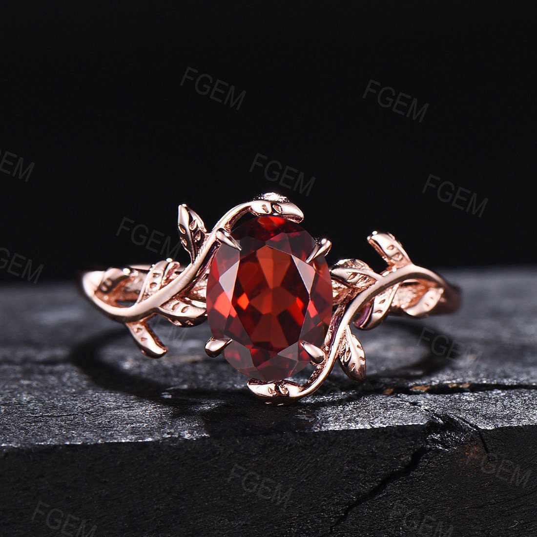 1.5ct Oval Cut Natural Garnet Ring Red Gemstone Jewelry Nature Insapired Twig Leaf Garnet Engagement Rings Unique January Birthstone Gifts