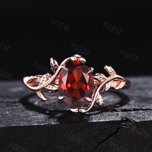 1.5ct Oval Cut Natural Garnet Ring Red Gemstone Jewelry Nature Insapired Twig Leaf Garnet Engagement Rings Unique January Birthstone Gifts