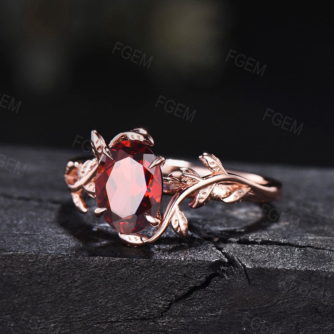 1.5ct Oval Cut Natural Garnet Ring Red Gemstone Jewelry Nature Insapired Twig Leaf Garnet Engagement Rings Unique January Birthstone Gifts