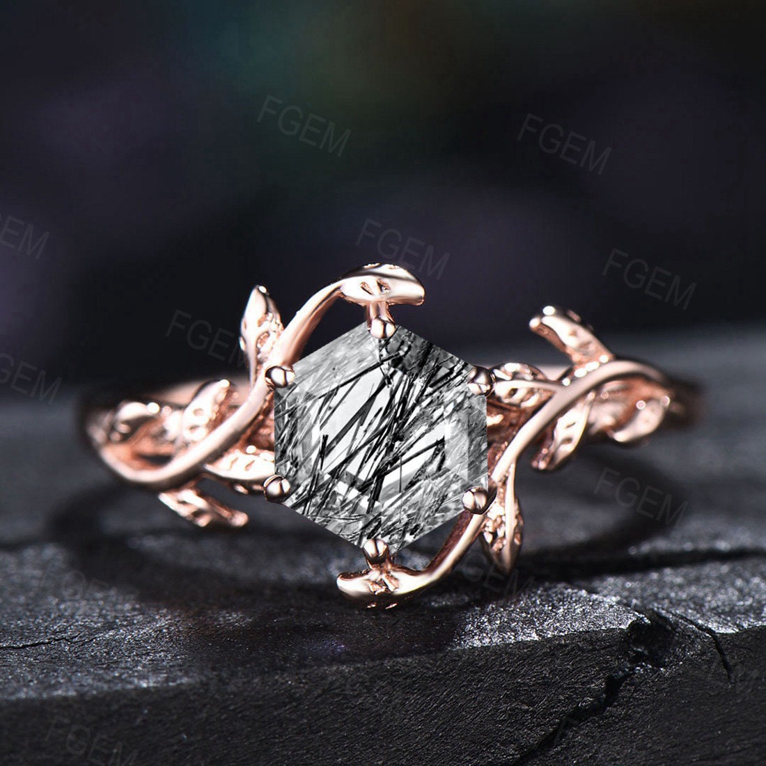 1ct Hexagon Natural Black Rutilated Quartz Ring Black Gemstone Ring Hexagon Engagement Ring Nature Inspired Leaf Black Rutile Solitaire Ring