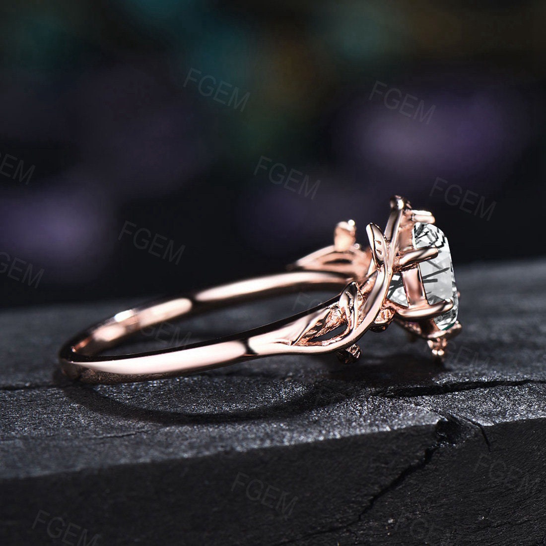 1ct Hexagon Natural Black Rutilated Quartz Ring Black Gemstone Ring Hexagon Engagement Ring Nature Inspired Leaf Black Rutile Solitaire Ring