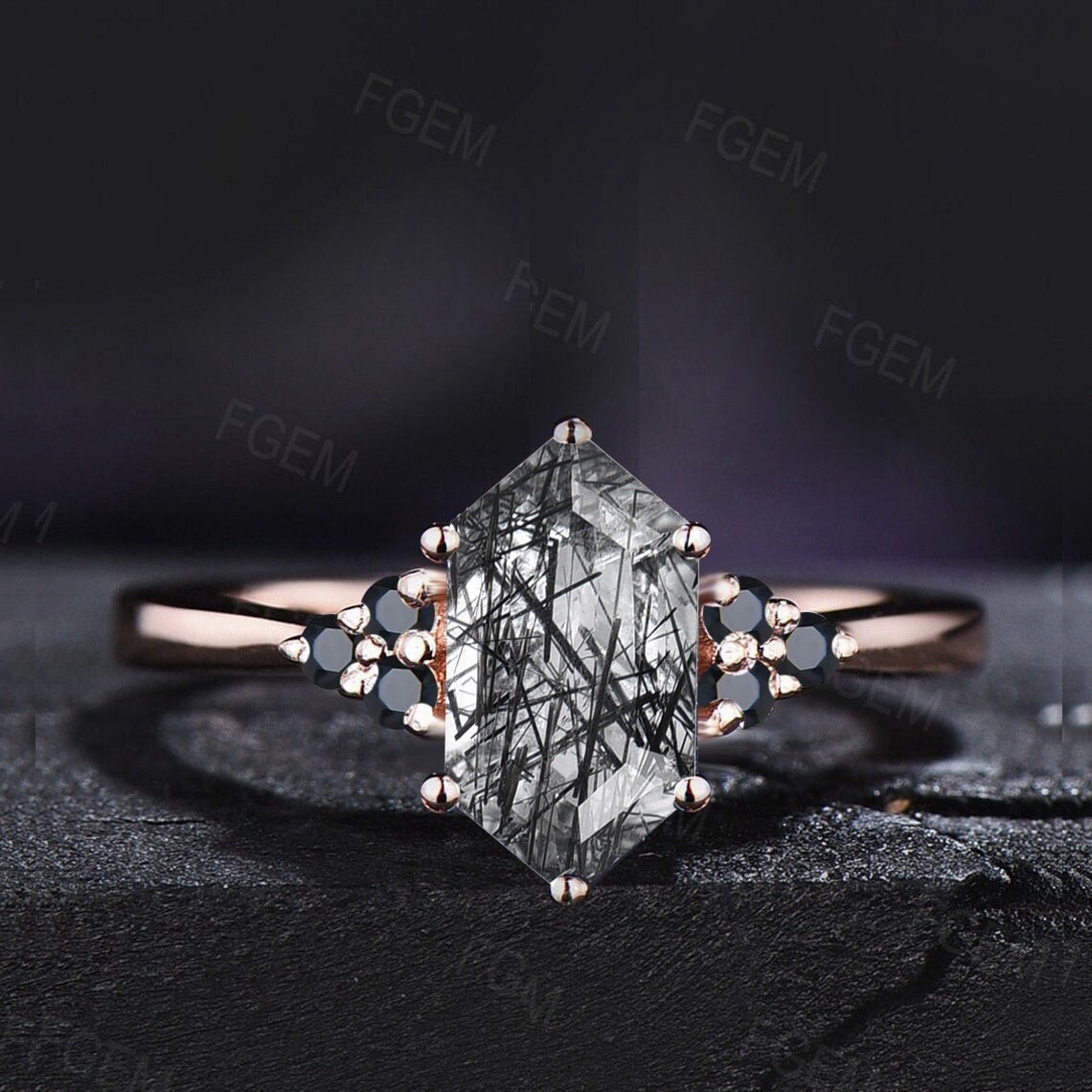 Long Hexagon Cut Natural Black Rutilated Quartz Engagement Ring Black Crystal Wedding Rings Vintage Black Stone Jewelry Anniversary Gifts