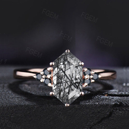 Long Hexagon Cut Natural Black Rutilated Quartz Engagement Ring Black Crystal Wedding Rings Vintage Black Stone Jewelry Anniversary Gifts