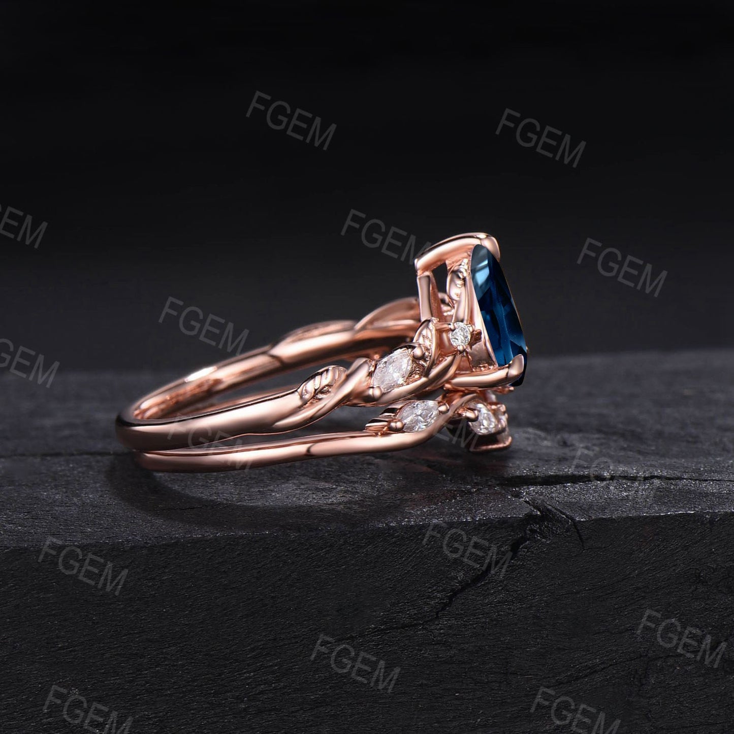 Nature Inspired London Blue Topaz Ring Set Twig Vine Twisted Wedding Band Blue Gemstone December Birthstone Jewelry Moissanite Promise Ring