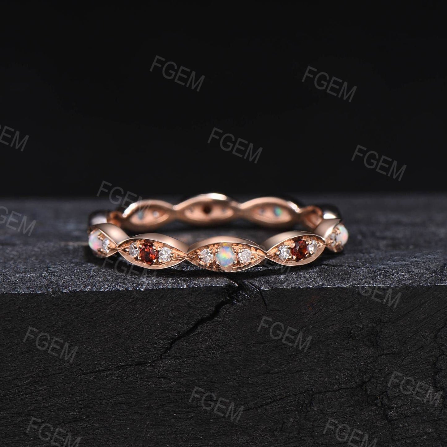 Lace Milgrain Opal Ruby Wedding Band 10k Rose Gold Marquise Stacking Band Milgrain Moissanite Wedding Ring Vintage Anniversary Bridal Ring