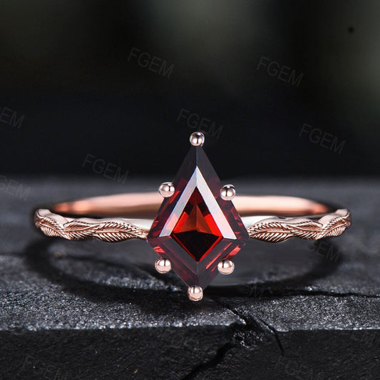 1ct Kite Cut Natural Garnet Ring Kite Shaped Nature Inspired Leaf Band Garnet Solitaire Ring 10K Rose Gold January Birthstone Promise Ring