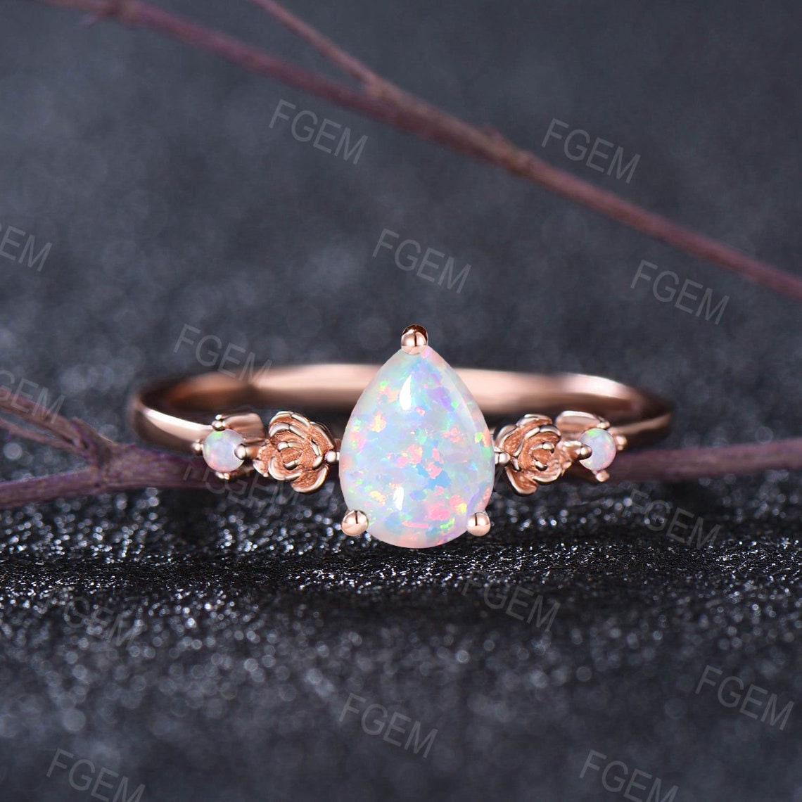 1.25ct Pear Shaped White Opal Engagement Ring Rose Flower Band Floral Opal Ring Nature Inspired Opal Ring October Birthstone Birthday Gift