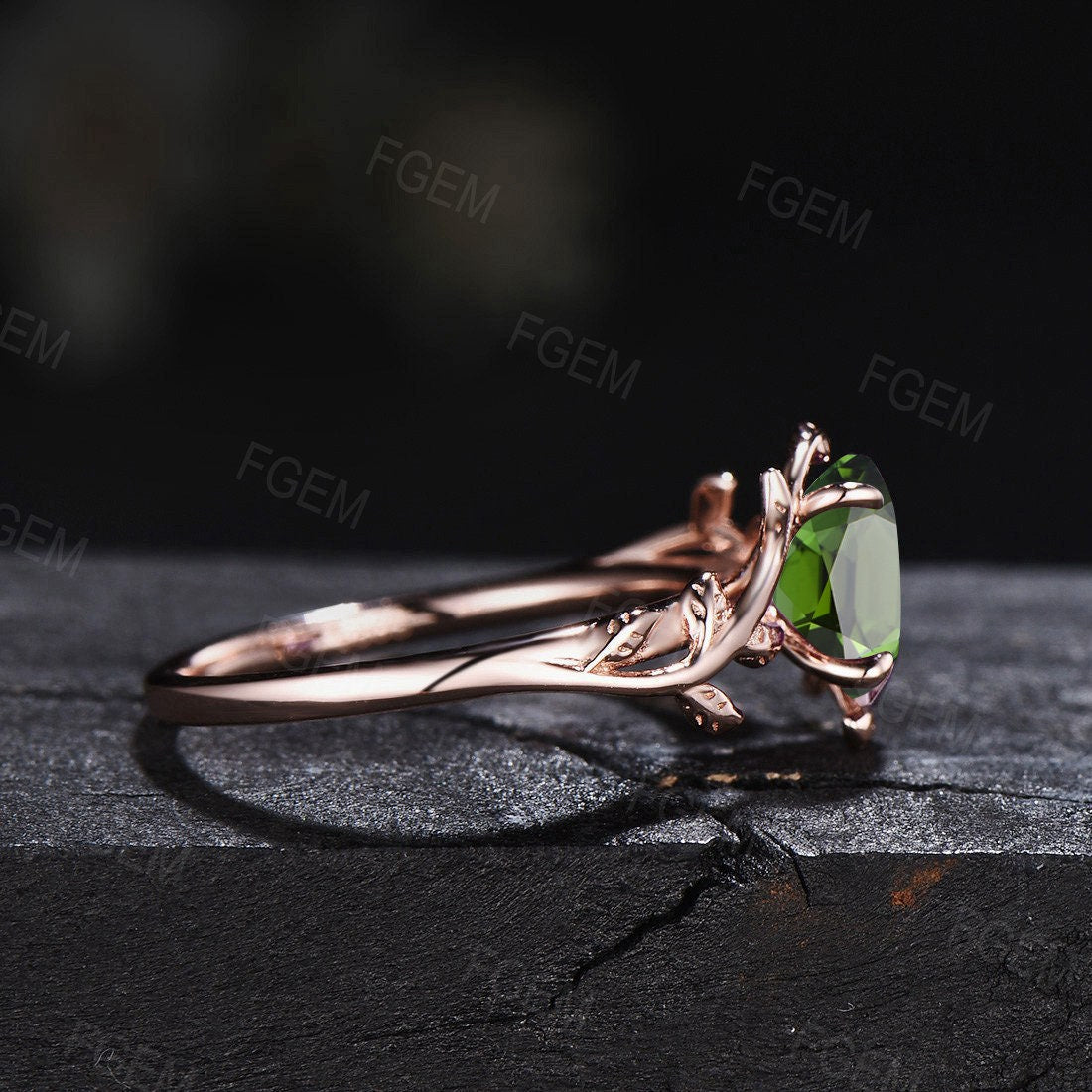 1.5ct Oval Nature Inspired Real Natural Green Tourmaline Ring 10K Rose Gold Vintage Tourmaline Bridal Ring Green Gemstone Leaf Wedding Ring