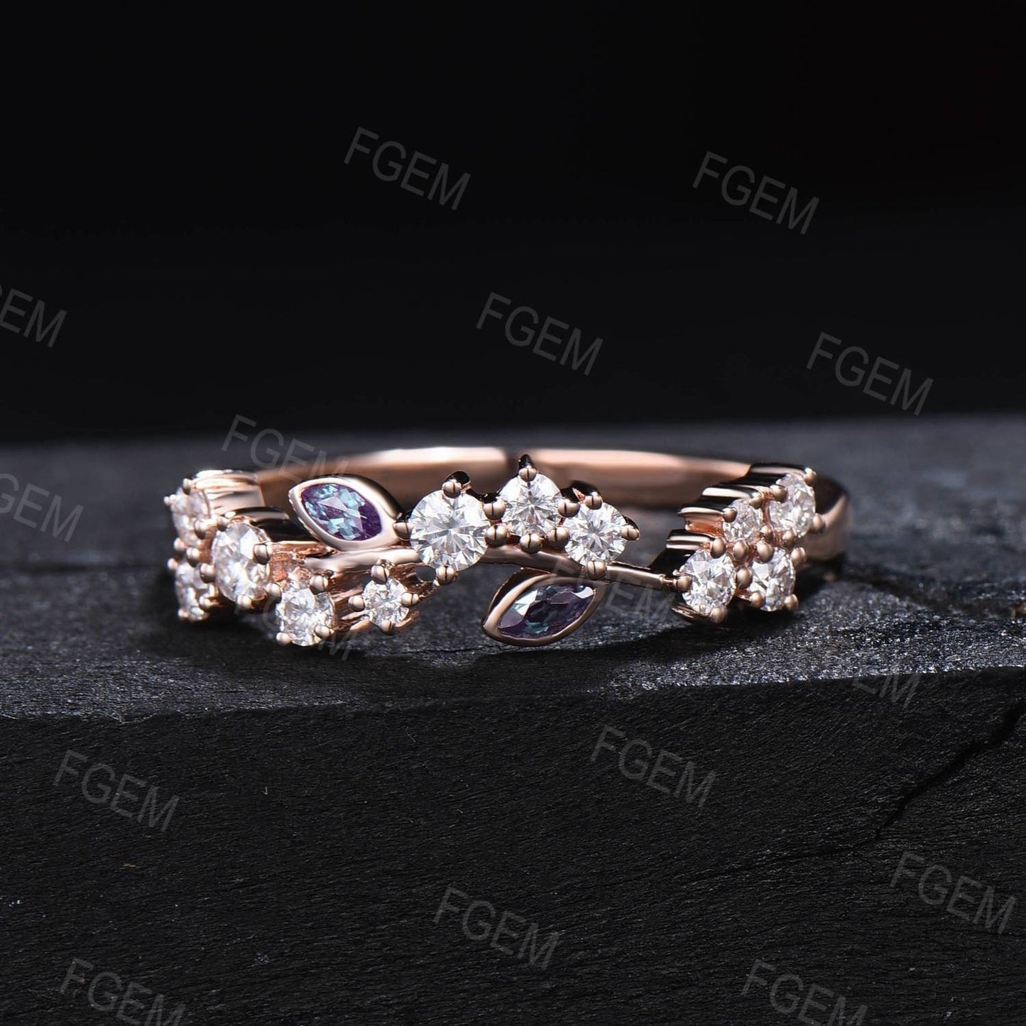 Flower Leaf Alexandrite Wedding Band Leaf Branch Ring Vintage Minimalist Moissanite Alexandrite Wedding Ring Unique Moissanite Wedding Band