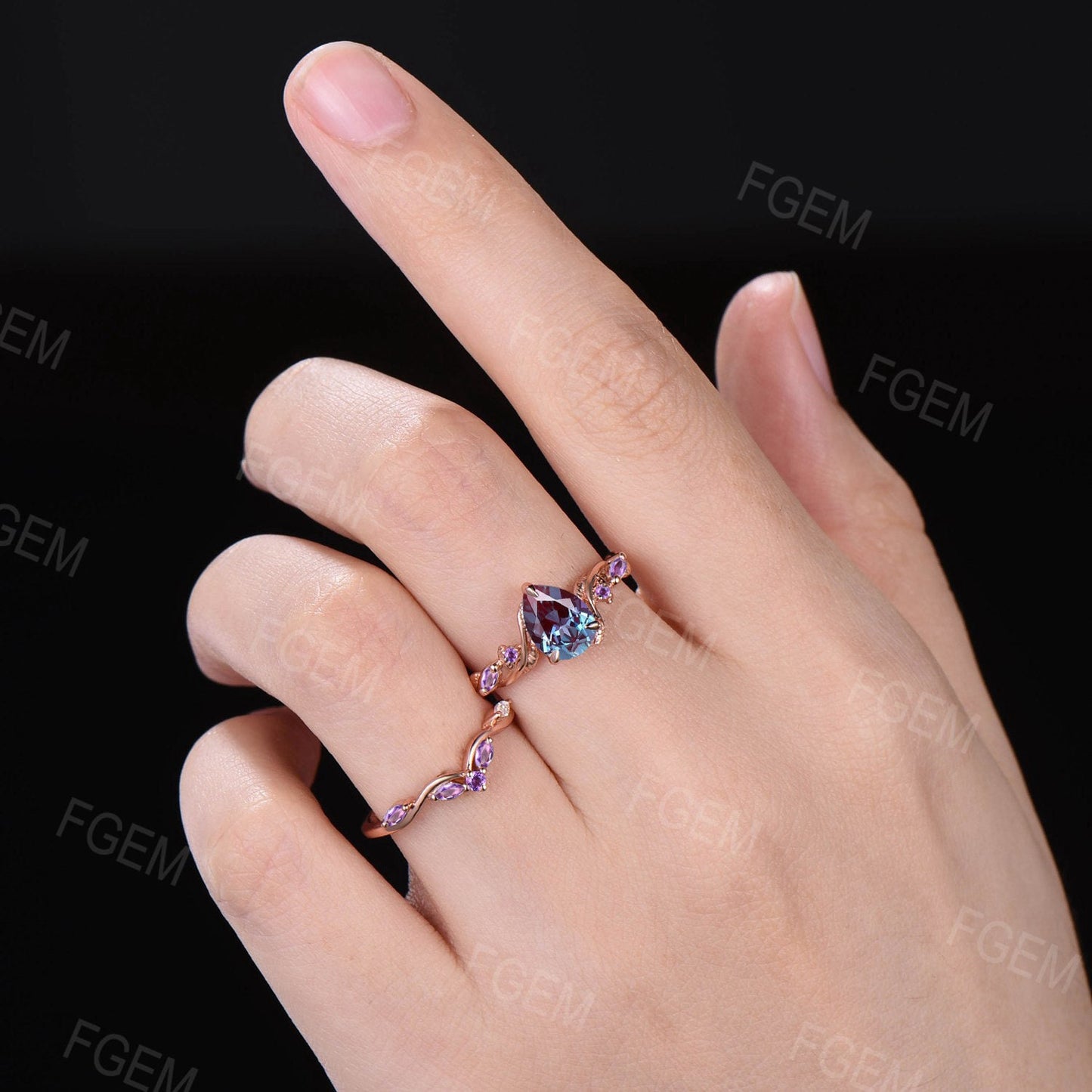 Nature Inspired Alexandrite Amethyst Bridal Set Pear Color-Change Alexandrite Engagement Ring Twist Leaf Vine Amethyst Wedding Promise Rings