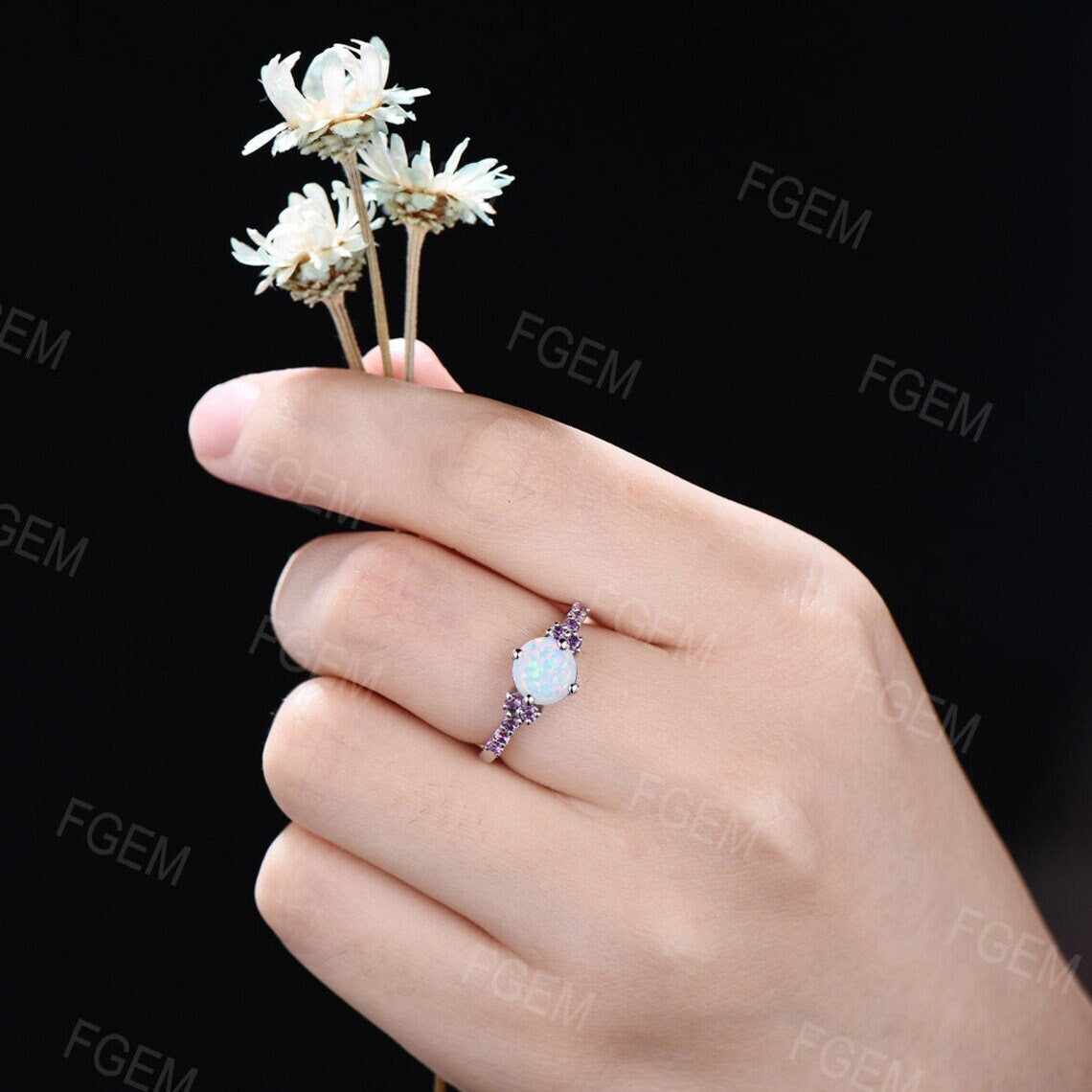 1.2ct Round Half Eternity Opal Engagement Rings October Birthstone Wedding Ring White Gold Amethyst Wedding Ring White Opal Platinum Rings
