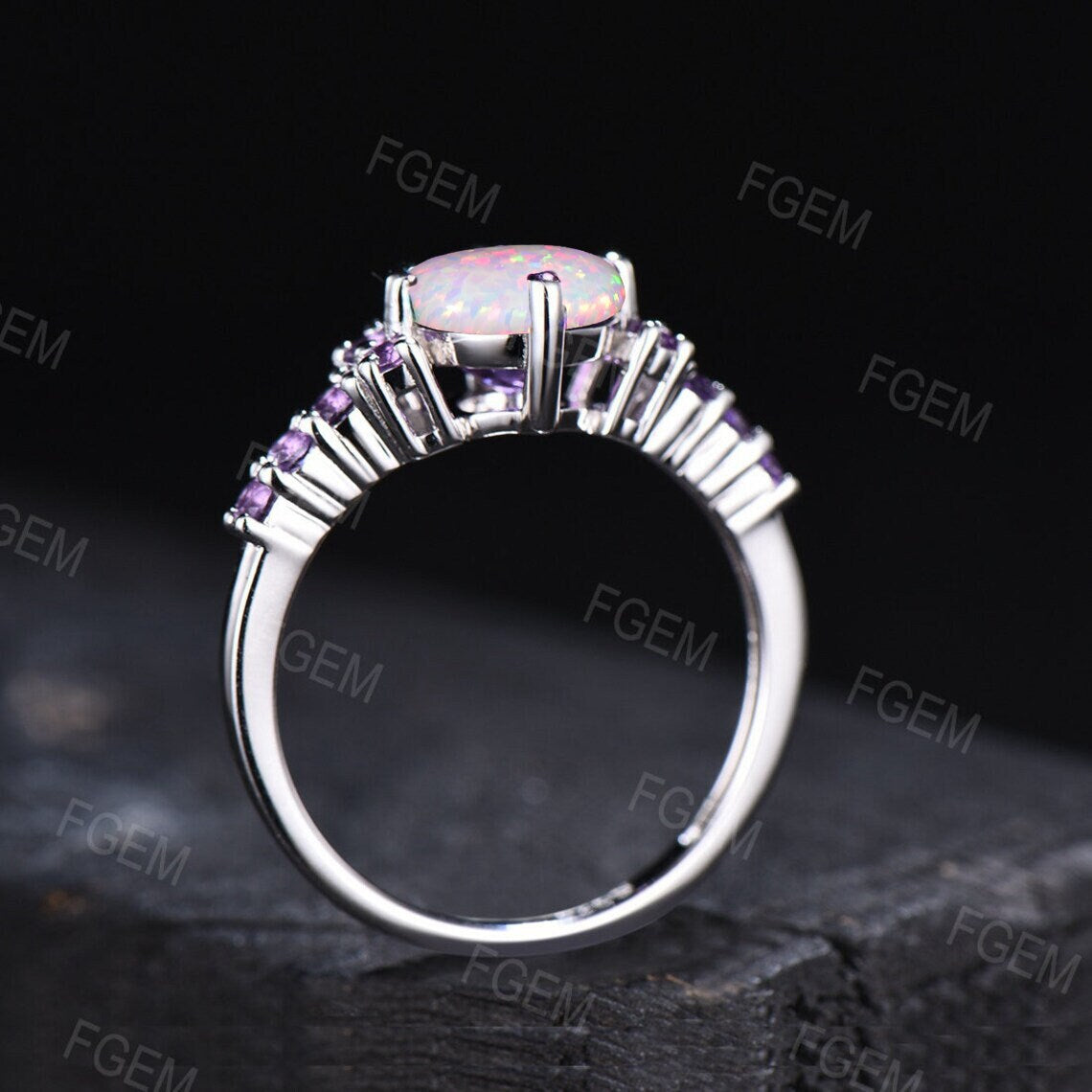 1.2ct Round Half Eternity Opal Engagement Rings October Birthstone Wedding Ring White Gold Amethyst Wedding Ring White Opal Platinum Rings