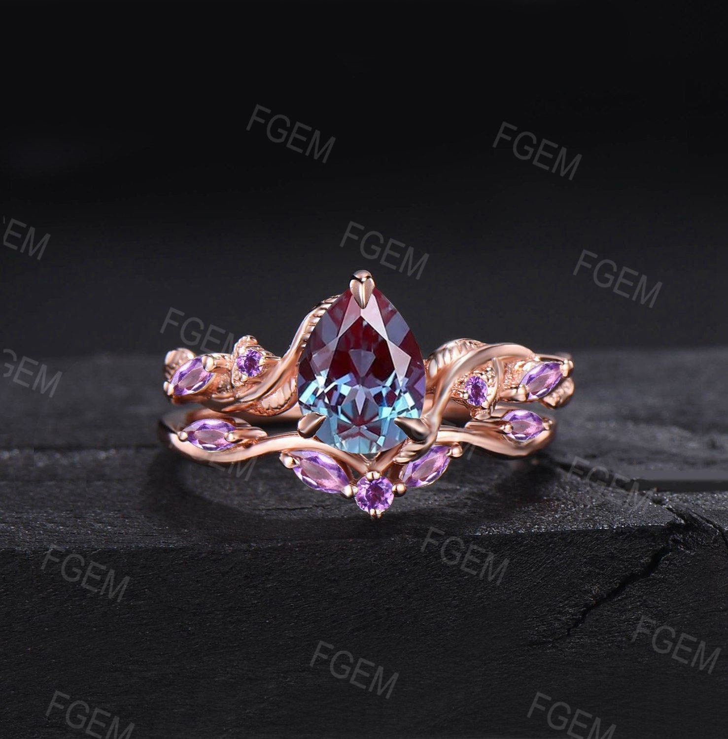 Nature Inspired Alexandrite Amethyst Bridal Set Pear Color-Change  Alexandrite Engagement Ring Twist Leaf Vine Amethyst Wedding Promise Rings