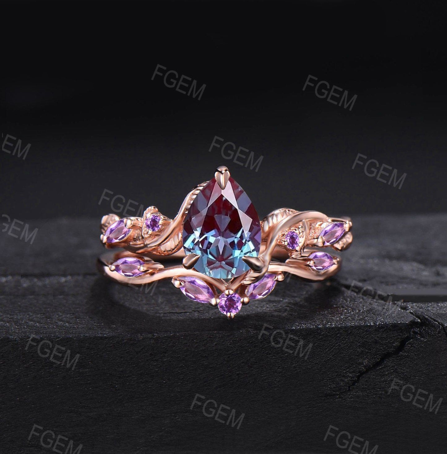 Nature Inspired Alexandrite Amethyst Bridal Set Pear Color-Change Alexandrite Engagement Ring Twist Leaf Vine Amethyst Wedding Promise Rings