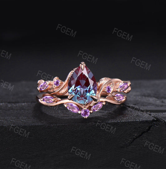 Nature Inspired Alexandrite Amethyst Bridal Set Pear Color-Change Alexandrite Engagement Ring Twist Leaf Vine Amethyst Wedding Promise Rings