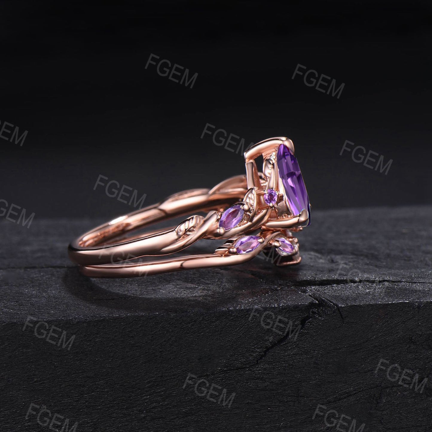 Twist Leaf Natural Amethyst Bridal Set February Birthstone 1.25ct Pear Shaped Nature Inspired Amethyst Ring Set Purple Crystal Wedding Ring