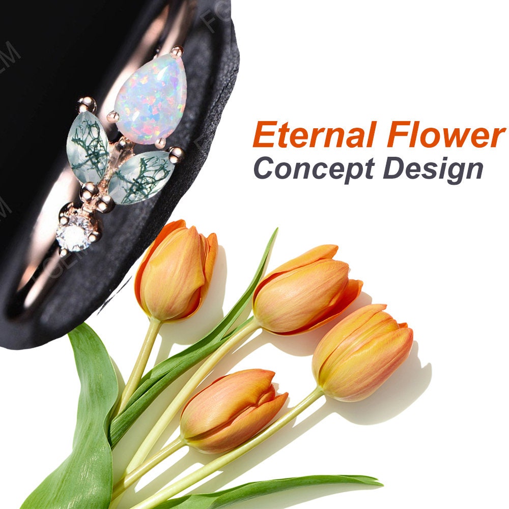 Green Moss Agate Proposal Ring Rose Flower Promise Ring Pear Natural Moss Agate Ring May Birthstone Minimalist Floral Emerald Wedding Rings