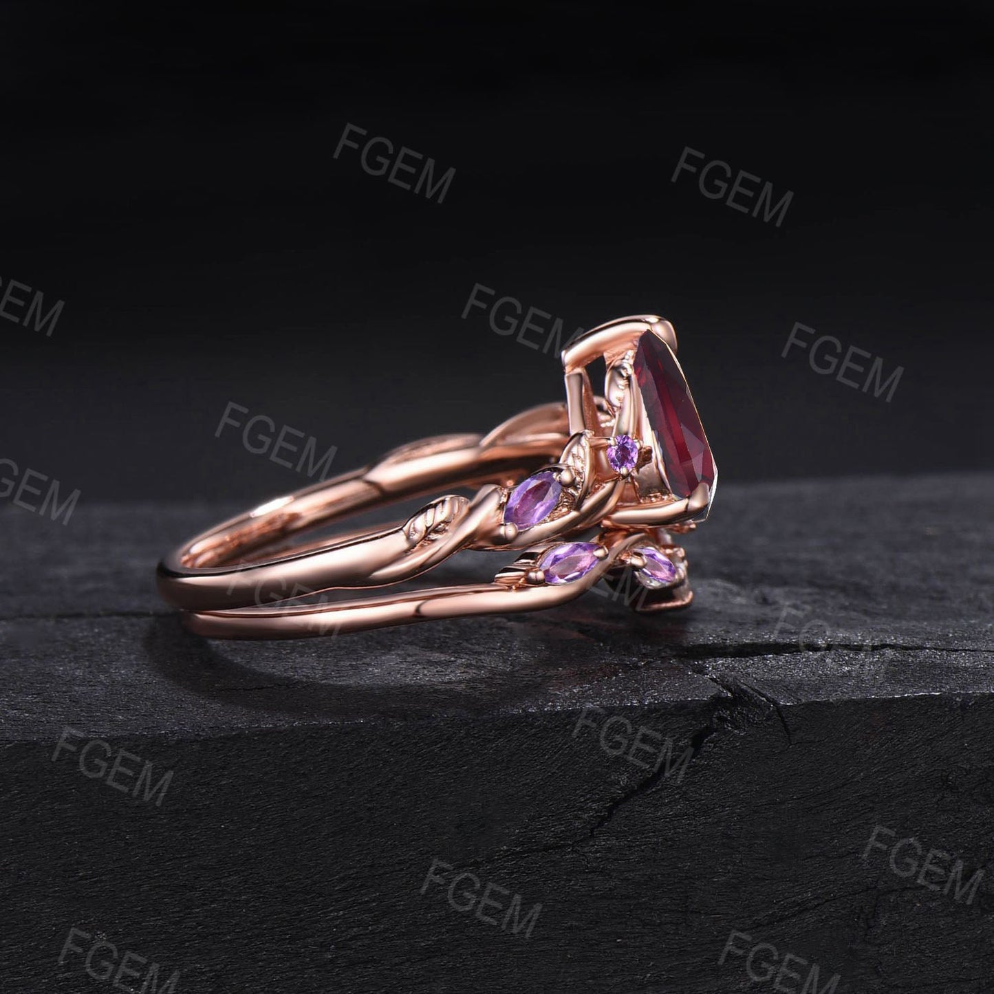 Twist Leaf Natural Garnet Amethyst Bridal Set January Birthstone 1.25ct Pear Shaped Nature Inspired Garnet Ring Set Amethyst Wedding Rings