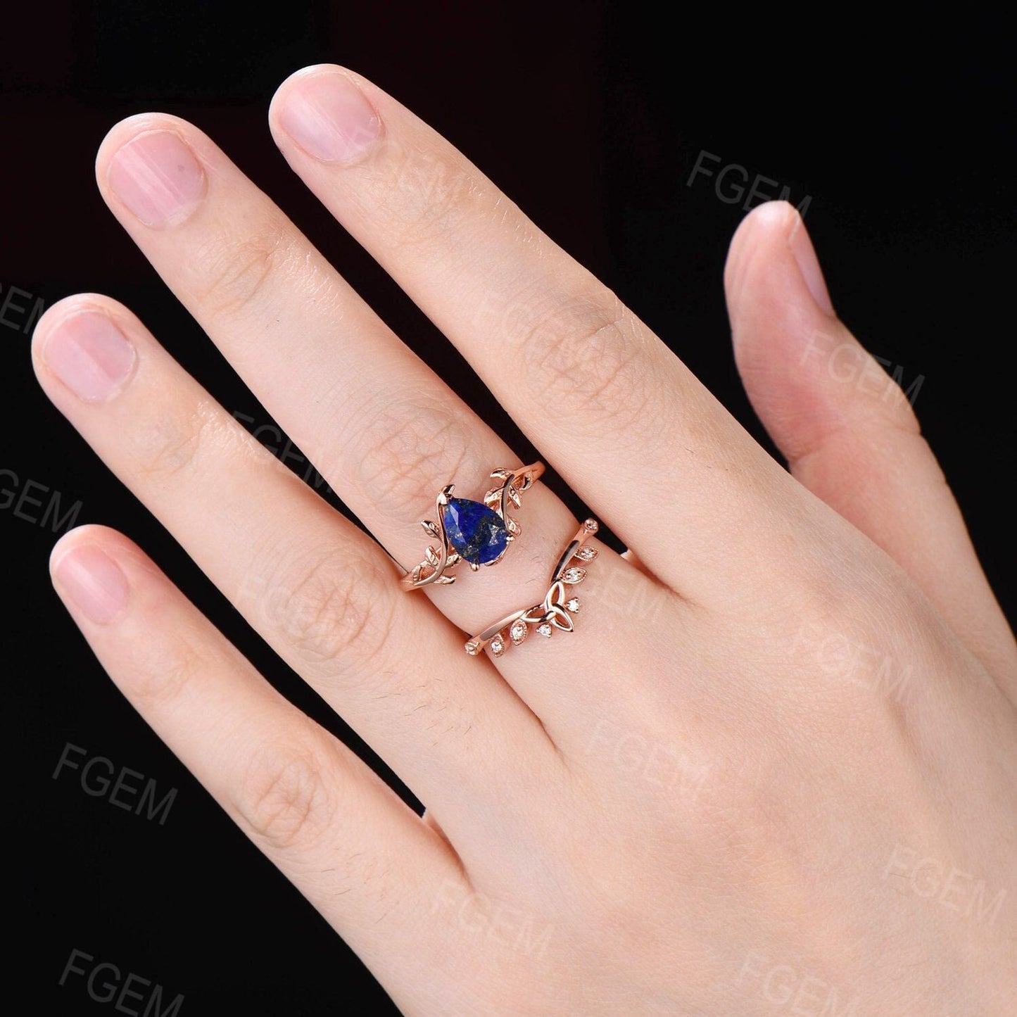 Nature Inspired Lapis Lazuli Engagement Ring Set Vintage Lapis Gold Celtic Bridal Set Pear Blue Lapis Jewelry Antique Noble Gift for Women
