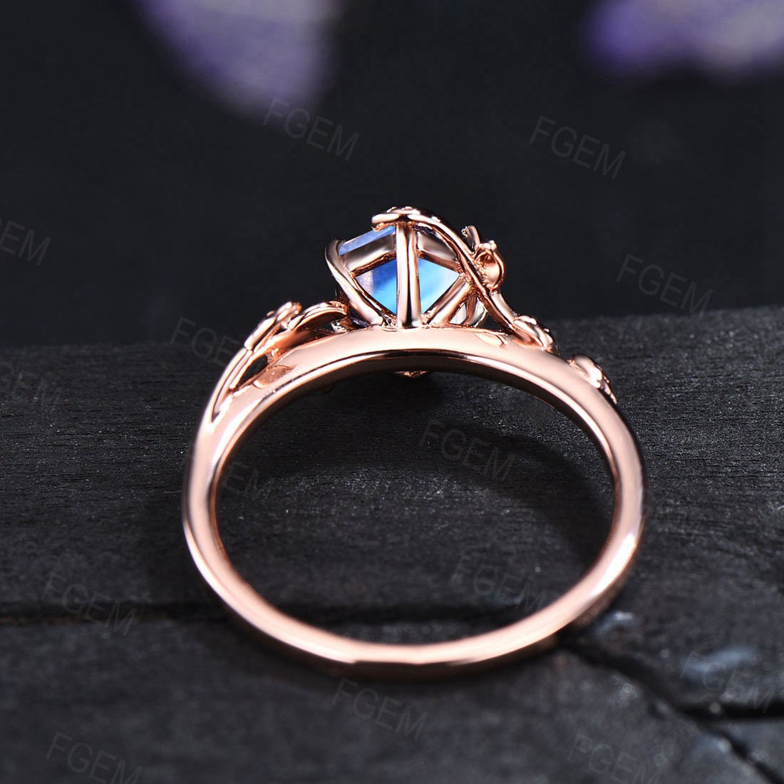 Rose Gold Real Moonstone Engagement Ring 1ct Hexagon Cut Leaf Natural Rainbow Moonstone Jewelry Nature Inspired Blue Moonstone Wedding Ring