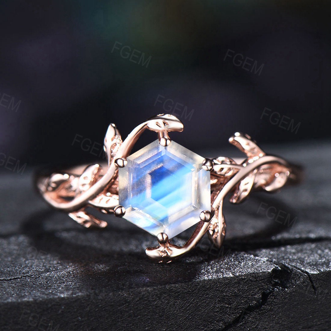 Rose Gold Real Moonstone Engagement Ring 1ct Hexagon Cut Leaf Natural Rainbow Moonstone Jewelry Nature Inspired Blue Moonstone Wedding Ring