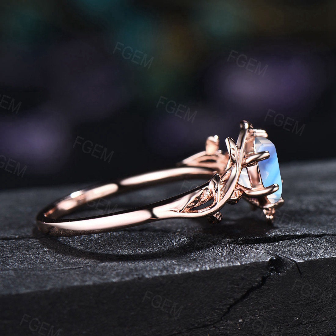 Rose Gold Real Moonstone Engagement Ring 1ct Hexagon Cut Leaf Natural Rainbow Moonstone Jewelry Nature Inspired Blue Moonstone Wedding Ring