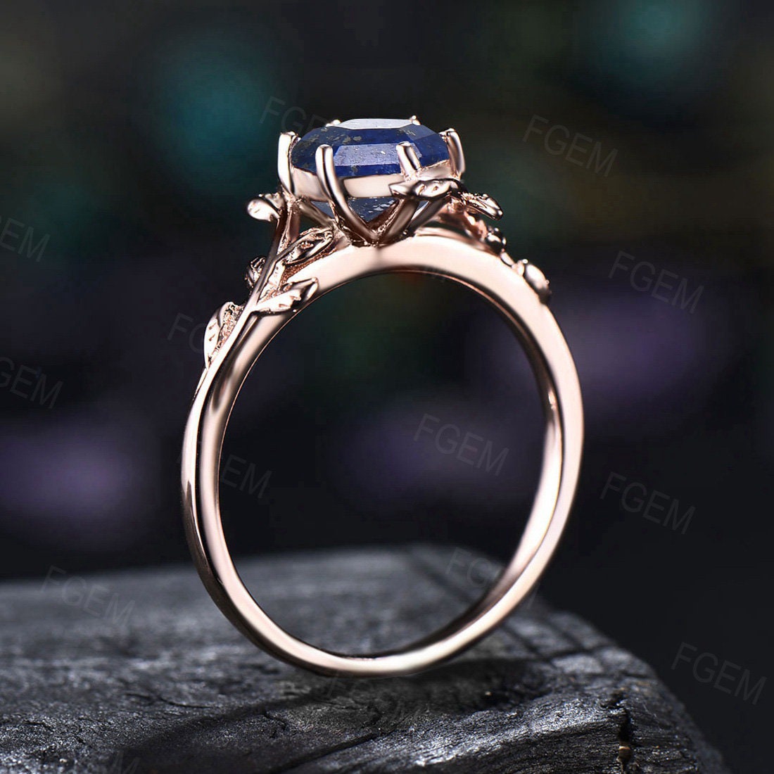 Natural Lapis Lazuli Ring Vintage Hexagon Engagement Ring Inspired Leaf Solitaire Ring Blue Gemstone Wedding Ring Unique Promise Ring Women