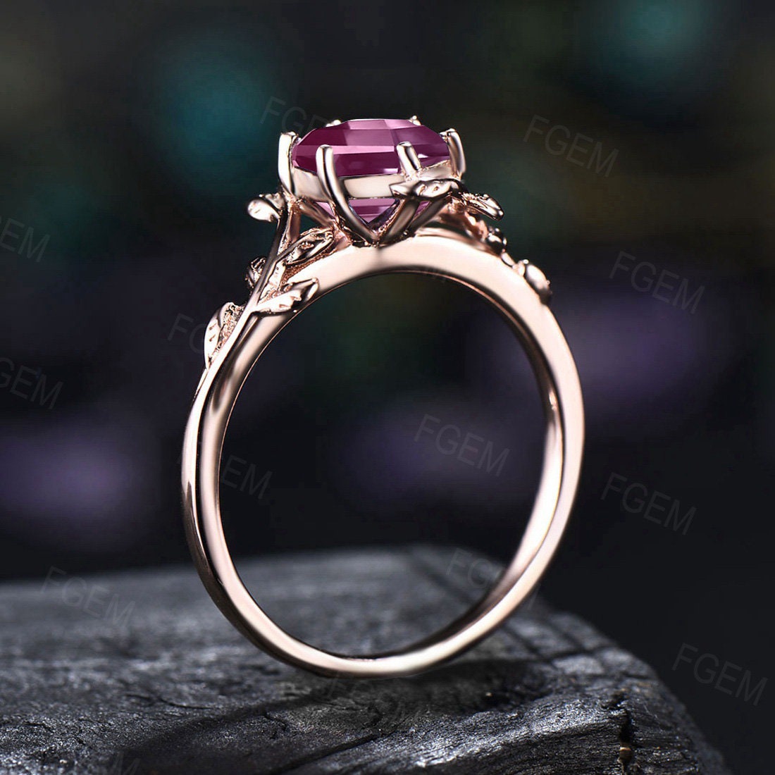 Natural Pink Tourmaline Engagement Ring Ring Vintage Nature Inspired Hexagon Tourmaline Ring Leaf Solitaire Ring Pink Gemstone Wedding Ring
