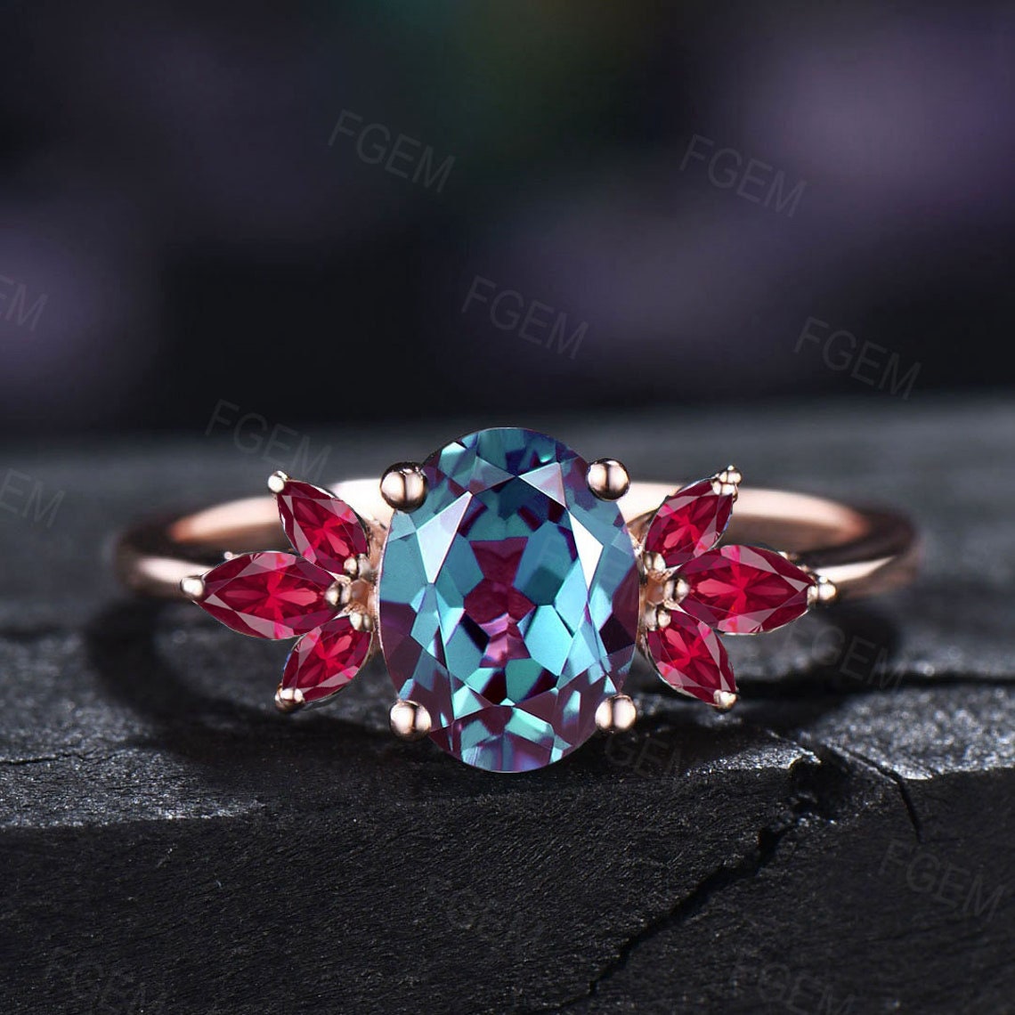 Alexandrite Ruby Engagement Ring Set Sterling Silver Vintage 1.5ct Oval Alexandrite Ring Set Red Ruby Moissanite Wedding Band Unique Gifts