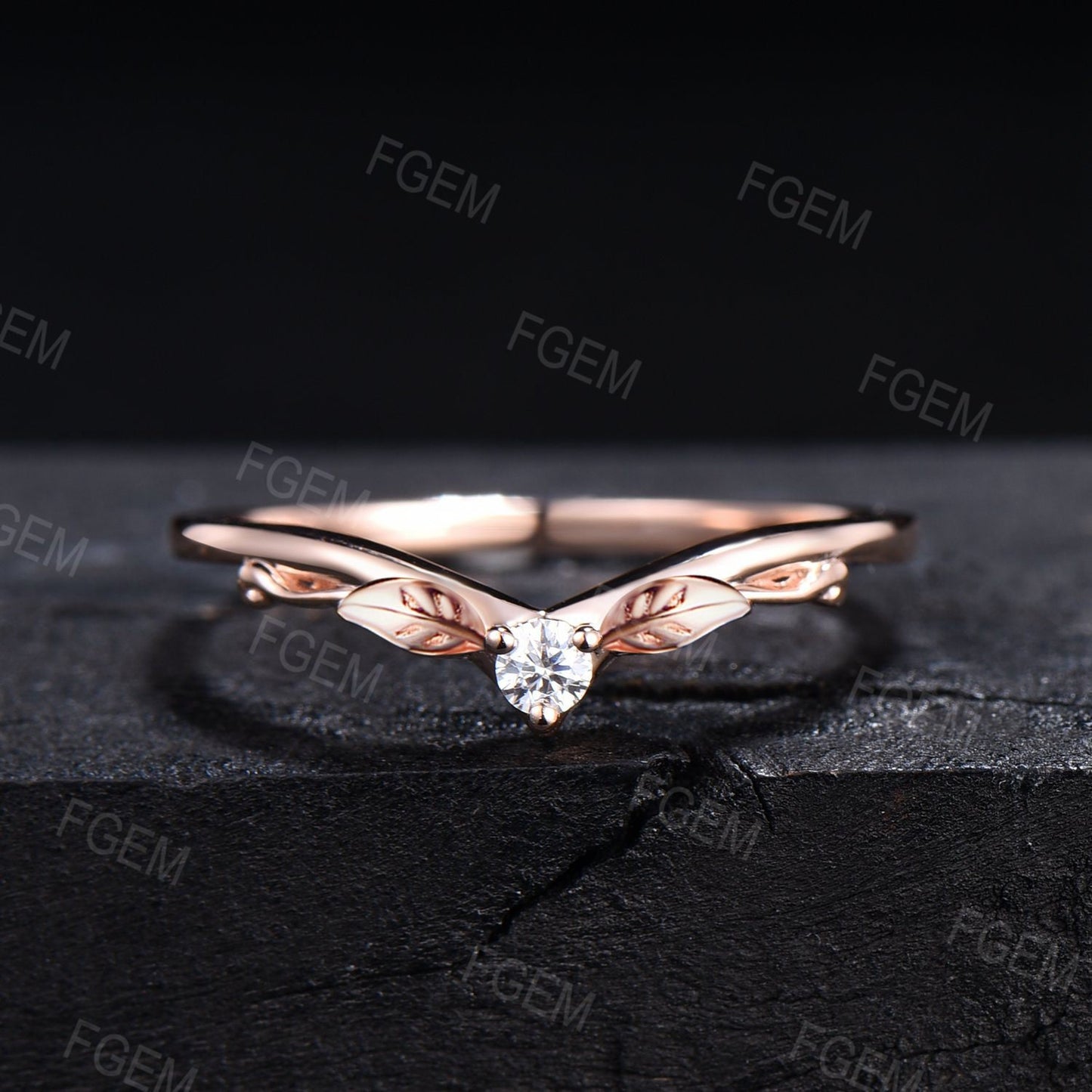 Moissanite Leaf Wedding Band Women Vintage 14k Rose Gold Diamond Filigree Nature Inspired Botanical Curved Ring Leaf Matching Stacking Band