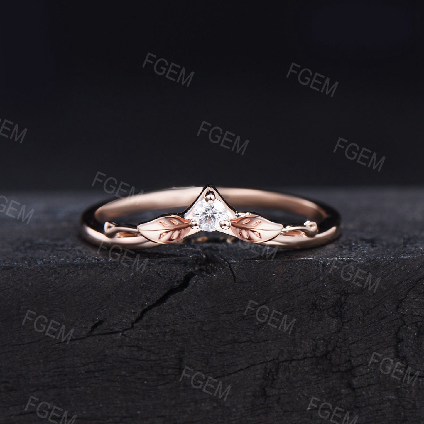 Moissanite Leaf Wedding Band Women Vintage 14k Rose Gold Diamond Filigree Nature Inspired Botanical Curved Ring Leaf Matching Stacking Band