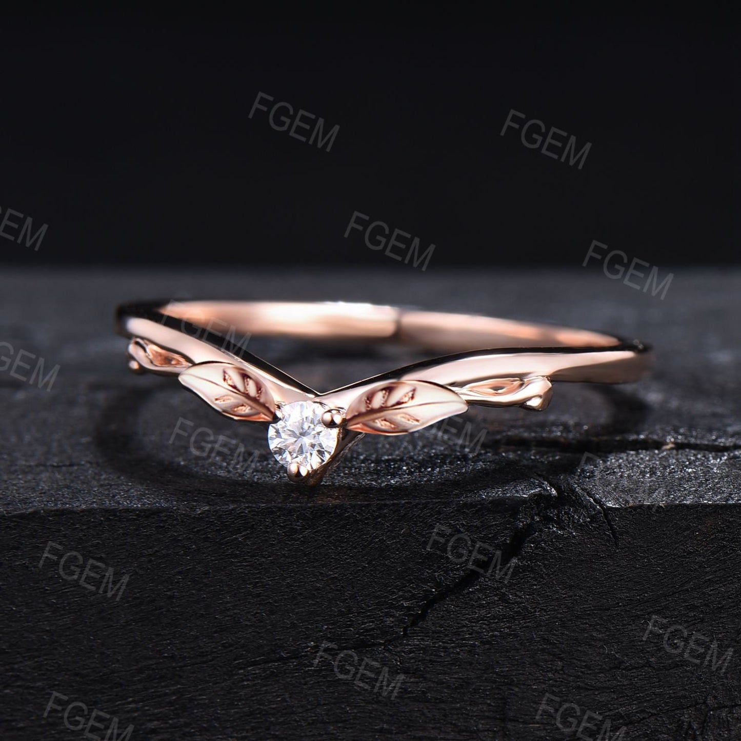 Moissanite Leaf Wedding Band Women Vintage 14k Rose Gold Diamond Filigree Nature Inspired Botanical Curved Ring Leaf Matching Stacking Band