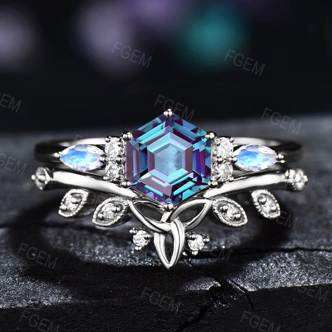 Alexandrite Engagement Ring Set Unique Hexagon Ring Vintage Alexandrite Ring Celtic Wedding Band Moonstone Bridal Set Woman Anniversary Gift