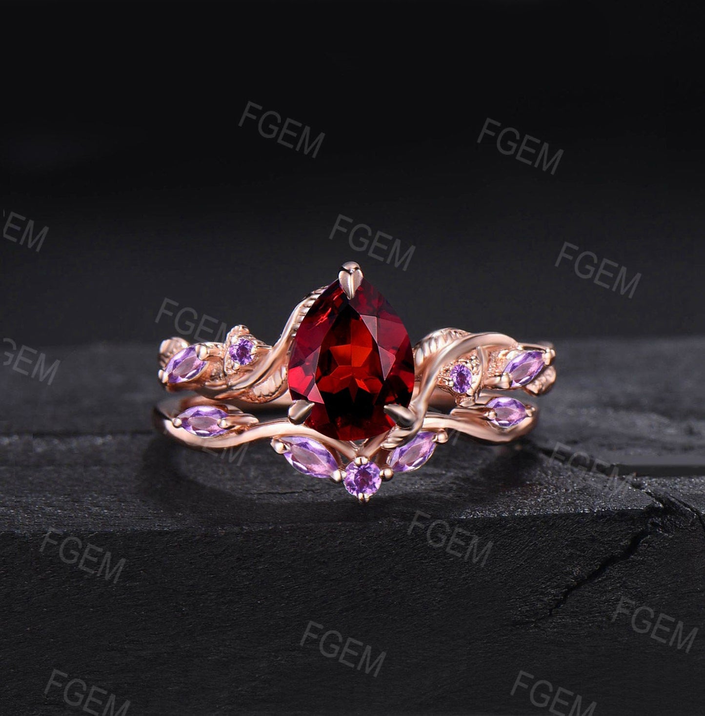 Twist Leaf Natural Garnet Amethyst Bridal Set January Birthstone 1.25ct Pear Shaped Nature Inspired Garnet Ring Set Amethyst Wedding Rings