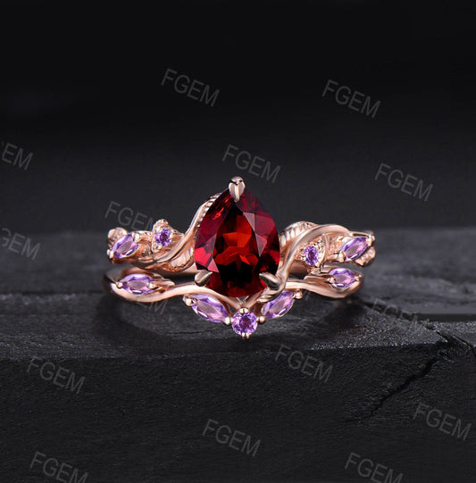 Twist Leaf Natural Garnet Amethyst Bridal Set January Birthstone 1.25ct Pear Shaped Nature Inspired Garnet Ring Set Amethyst Wedding Rings