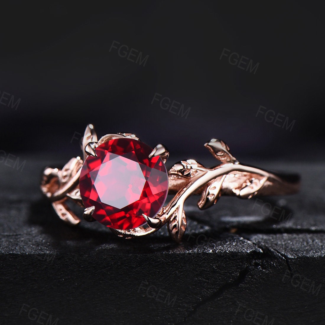 1ct Round Cut Nature Ruby Gemstone Jewelry 14K Rose Gold Twig Leaf Ruby Engagement Rings Unique Anniversary Ring Women July Birthstone Gift